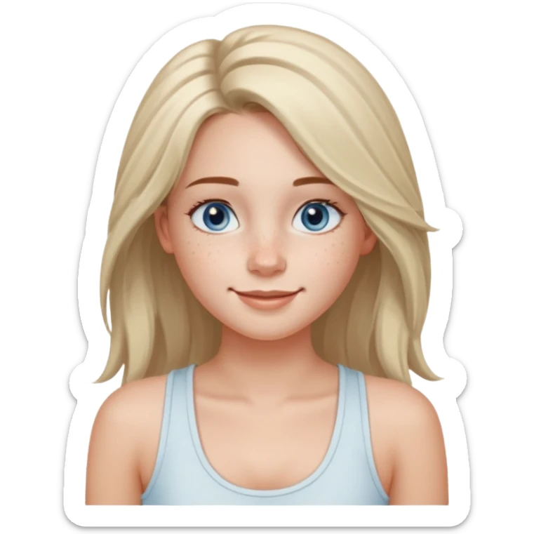 Una chica de tez blanca con pecas, nariz respingada, labios gruesos, ojos grandes color azul grisáceo, pelo largo, lacio, color avellana. Con una blusa de tirantes blanca. Que este sonriendo y q solo se vea de la cintura hacía arriba sticker