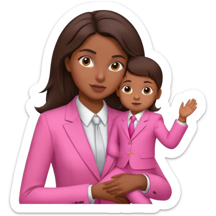 Brune girl pink suit with child sticker