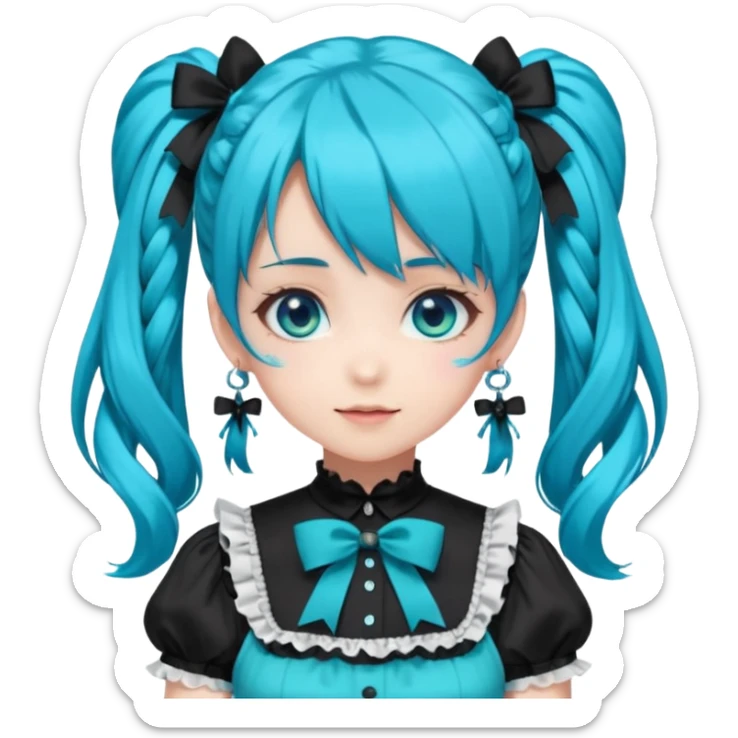 anime-style female character with bright turquoise hair styled in twin tails and matching blue eyes. Her outfit is a frilly turquoise and black dress in a Lolita-esque style, heavily contrasted with black ribbons and trim. A key detail is the "AWP" logo in black on the chest. VERY happy variant sticker