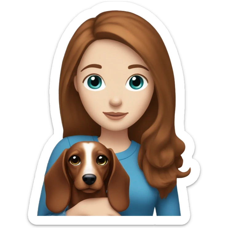 White girl with straight brown hair and blue eyes holding a red dachshund  sticker