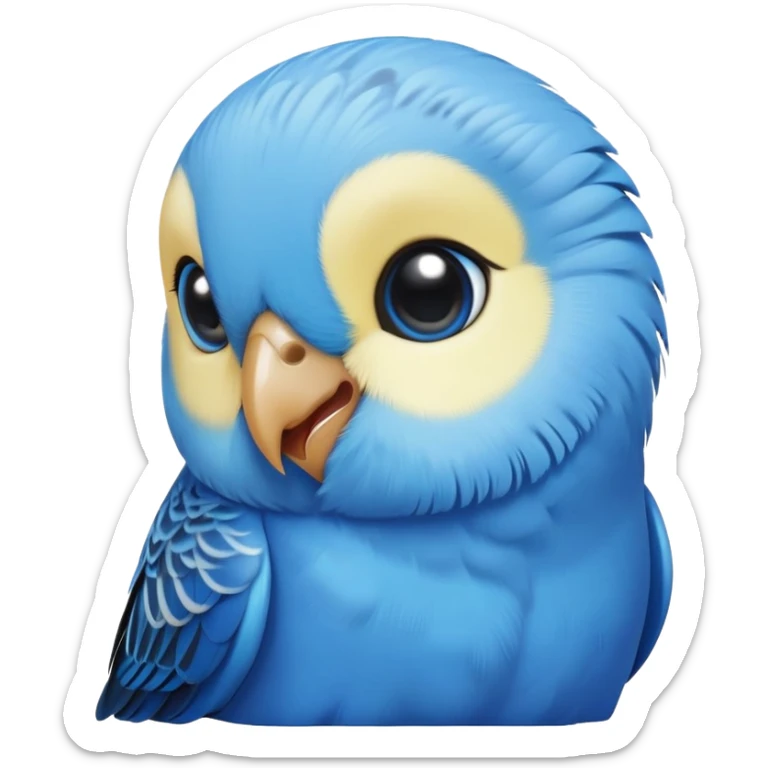 cinematic-cute-blue-budgie-portrait-emoji,-head-tilted-playfully-and-inquisitively,-featuring-a-brilliant-blue-feathered-fur-with-a-natural-sheen,-round,-sparkling-dark-eyes-filled-with-curiosity,-simplified-yet-irresistibly-adorable sticker