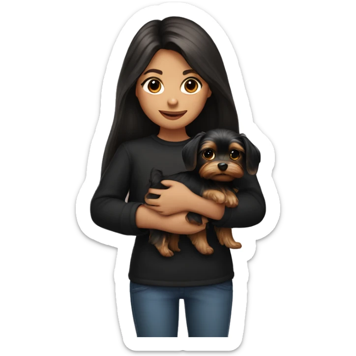 A brunette girl with long hair in a black long sleeve holds a Yorkshire terrier puppy in her arms sticker