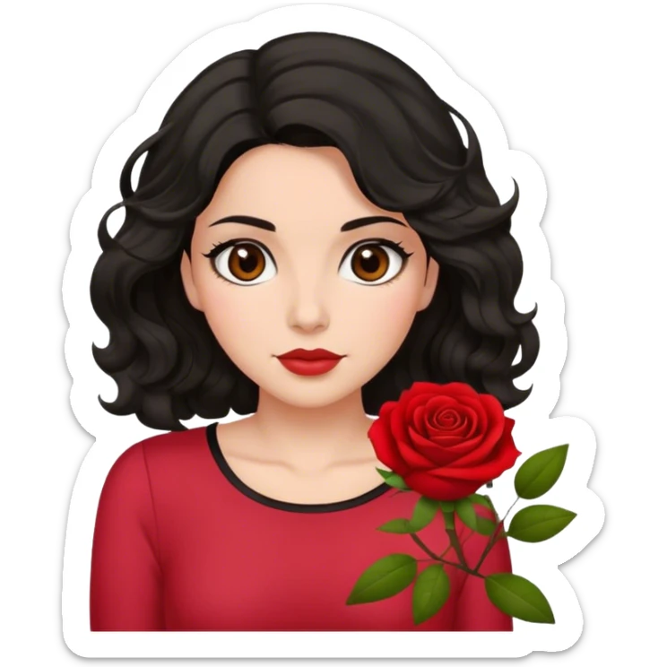 Olive brown eyed women with black wavy hair rose background red top sticker