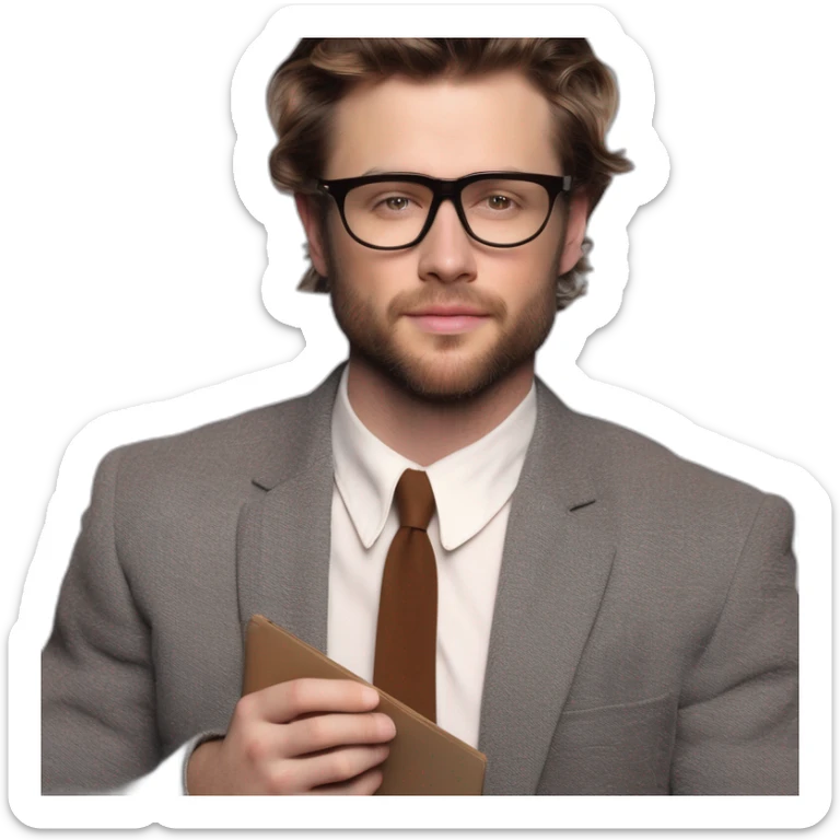 Joyful Celebrating victory Pale skinned Fit Man With dark brown hair in gray jacket, beige office shirt, Brown pants and vintage glasses sitting In a soft chair with a notebook and a pen sticker
