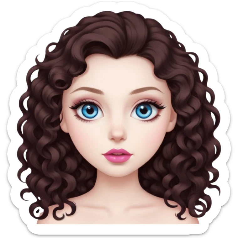 beautiful girl with big blue eyes, long lashes, pale skin, nice pink lips, and long & voluminous dark brown curls. she has baddie energy. we see her whole head down to her chest sticker