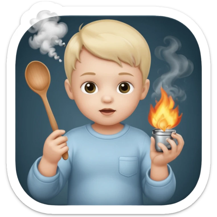 Baby with a spoon in one hand and lighter in the other with smoke coming off the spoon.  sticker