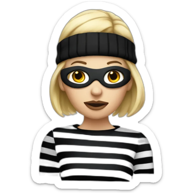 bank robber blonde woman with black beanie hat eye mask and striped shirt sticker