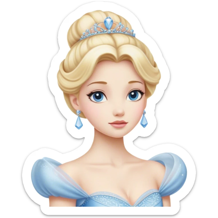 Cinematic Realistic Cinderella Portrait, depicted with lifelike porcelain skin, elegantly styled blonde hair, and a serene, graceful expression. Dressed in her classic ball gown with intricately detailed fabric textures and delicate pastel hues that catch soft, natural lighting, this portrait captures the timeless beauty of a fairy tale princess. sticker