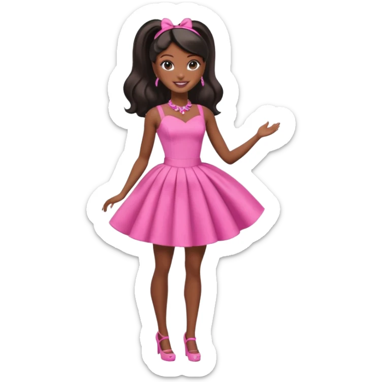 black barbie. typical barbie ponytail, pink dress, super pretty, full body, the only pink is her dress sticker