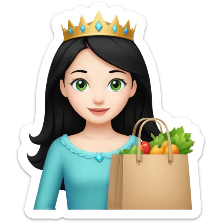 zadowlona czarnowłosa ksiezniczka z dlugimi wlosami i ma niebiesko zielone oczka jest zadowolona z zakupami sticker