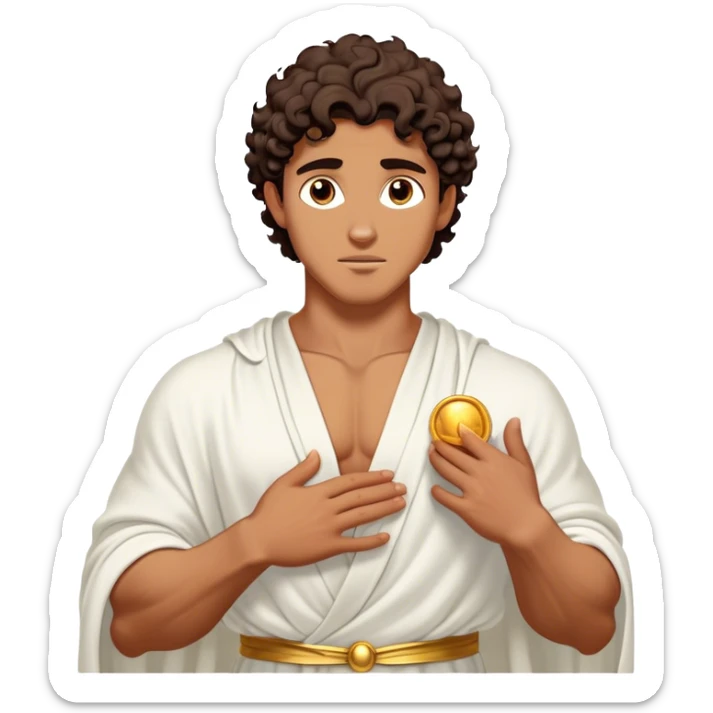 Cinematic Realistic Hercules Portrait, depicted as a classical Greek hero inspired by the Disney version yet echoing the refined proportions and serene dignity of Michelangelo's David. His idealized, sun-kissed tan skin glows with timeless strength, and his thick, curly wavy dark brownhair falls in natural, sculpted curls. Draped in a flowing white robe with delicate golden accents, his expressive eyes radiate determined nobility, all rendered under dynamic natural lighting with a mythic, radiant glow. sticker