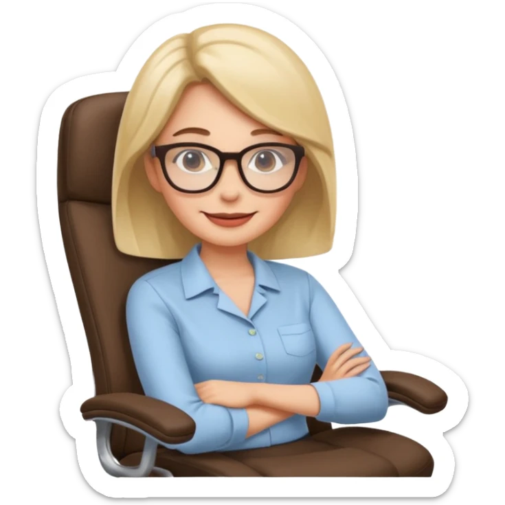 Woman having cartoon faced aligned in a chair in relaxing posture in an office chair and smiling sticker