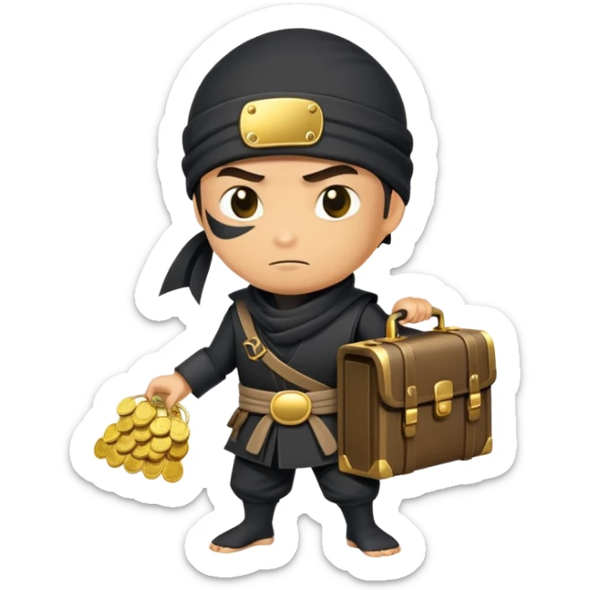 Sneaky ninja character with a treasure briefcase of gold coins and bills sticker