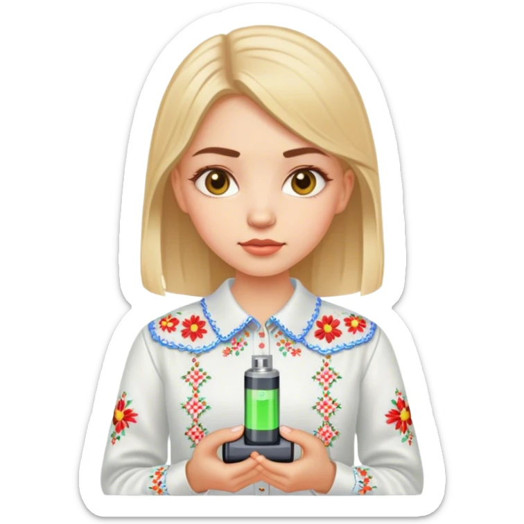 A Ukrainian girl in an embroidered shirt holds a battery sticker
