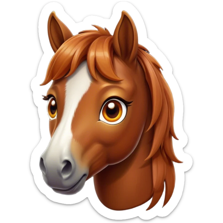 Cinematic Cute Chestnut Horse Portrait Emoji, Head tilted playfully and inquisitively, showcasing a glossy chestnut fur with a vibrant sheen and gentle, expressive amber eyes, Simplified yet irresistibly adorable features, highly detailed, glowing with a warm, friendly glow, high shine, affectionate and spirited, stylized with a touch of whimsy, bright and endearing, soft glowing outline, capturing the essence of a mischievous yet loving horse, so playful it feels like it could prance out of the screen and into your arms! sticker
