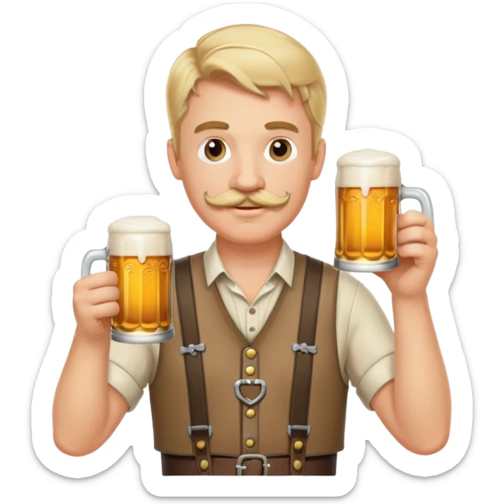 Oktoberfest man in lederhosen holding a beer with blond hair and a mustache sticker