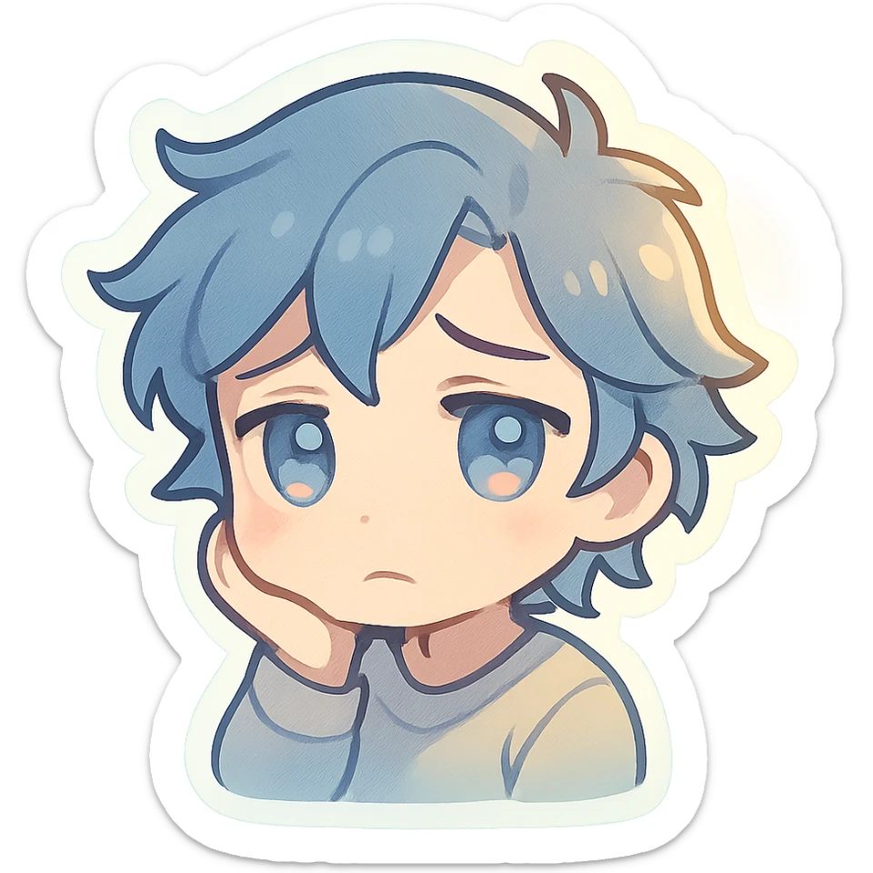 emoji representing the emotion of 'melanhope', a creative blend of melancholy and hope, thoughtful and wistful expression with a mix of cool blues and warm light, subtle hopeful glow sticker