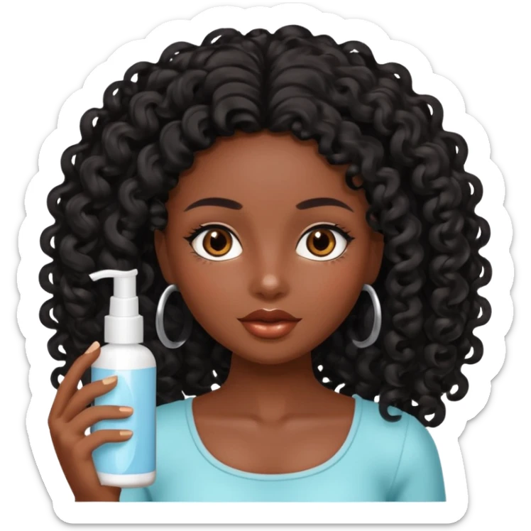 Uma boneca morena escura com olhos castanhos e cabelo cacheado longo preto, fazendo skin care sticker