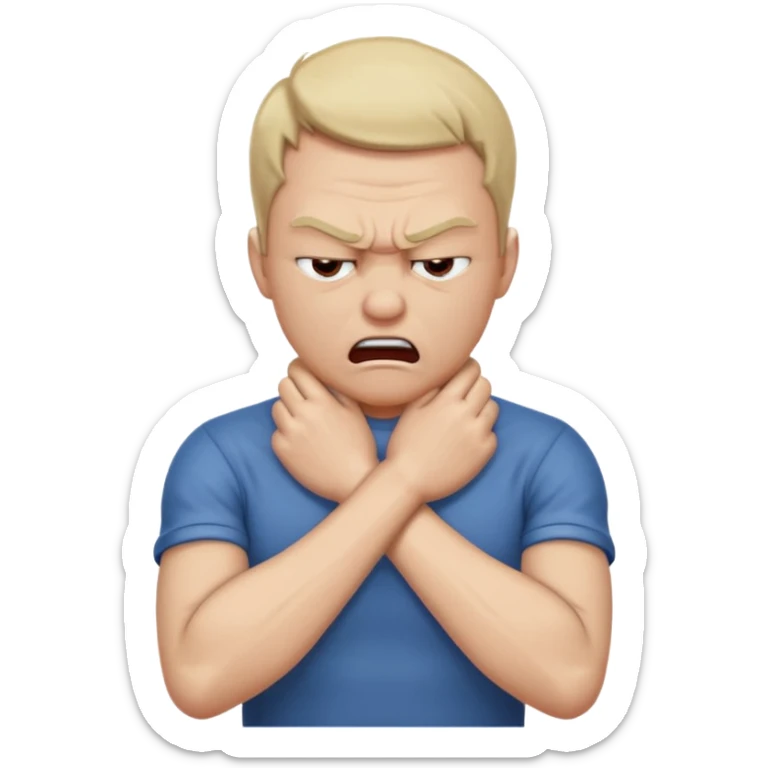 Grabbing throat with hands and looking angry with arms crossed and under chin, grabbing neck sticker