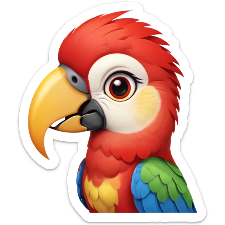 cinematic-cute-macaw-portrait-emoji,-head-tilted-playfully-and-inquisitively,-with-a-dazzling-red-plumage-and-round,-sparkling-eyes-filled-with-charm,-simplified-yet-irresistibly-adorable-features,-highly-detailed, white beak sticker
