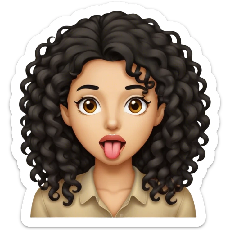 light brown woman sticking her tounge out, long black curly hair sticker