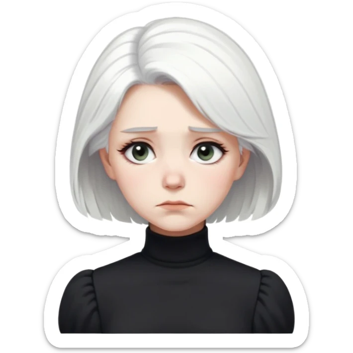 A Victorian woman with simple coiffed white hair and light eyes wearing a simple monochrome black turtleneck mourning dress with puffed sleeves looking down with a forlorn, miserable expression sticker