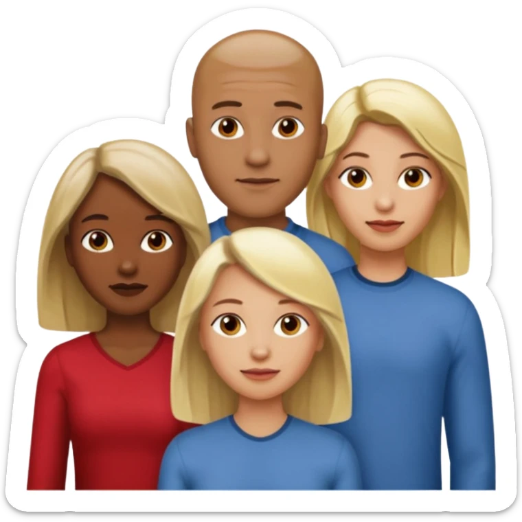 one male medium dark skin tone no hair and one woman light skin tone blonde highlights shoulder length hair and one woman light skin tone deep red long hair three people total sticker