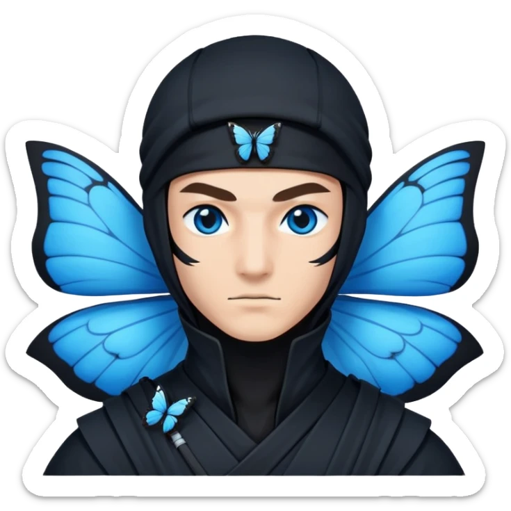 Crea un emoji para usar en WhatsApp con estos dos emoji 🥷🏻 🦋.
Ninja vestido de negro con ojos negros y con la piel blanca y una mariposa azul posada en su hombro izquierdo como si la mariposa estuviera volando en su hombro. sticker