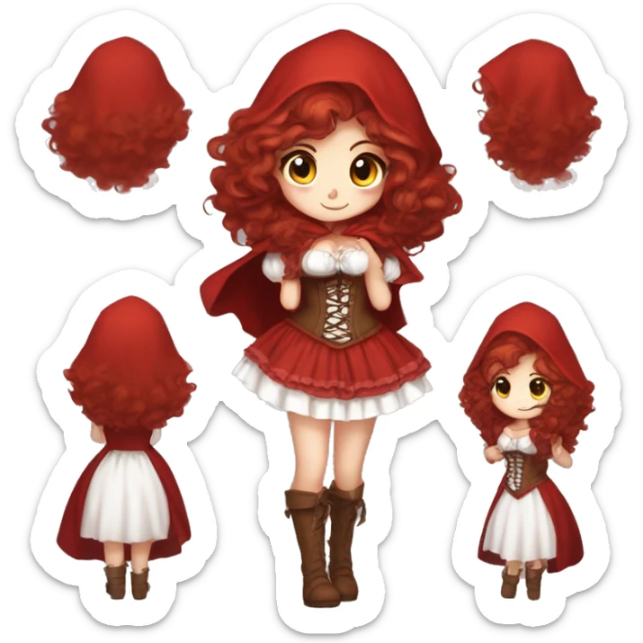 Little Red Riding Hood long curly red hair, brown corset and dress full body pose non-chibi sticker