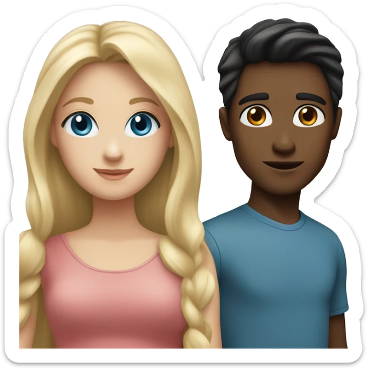 A couple: a boy is dark haired and dark eyed with white skin and slight bristle;  a girl has long blonde hair with blue eyes sticker