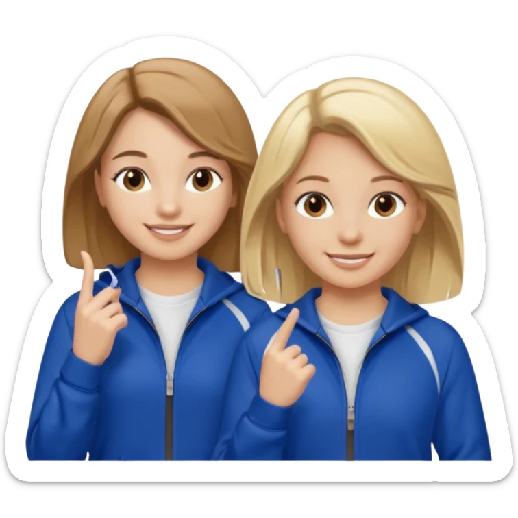 two girls smiling one has blond hair and one is has brown hair they are wearing royal blue track suits sticker