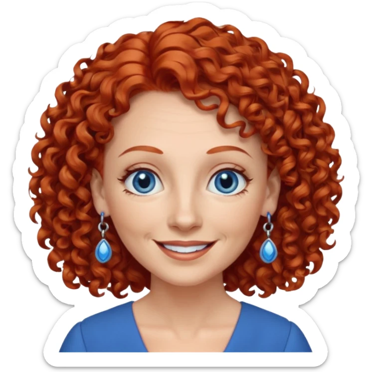 una profesora mayor simpática con el pelo rojo rizado, ojos azules, vestido azul y pendientes azules hablando sticker