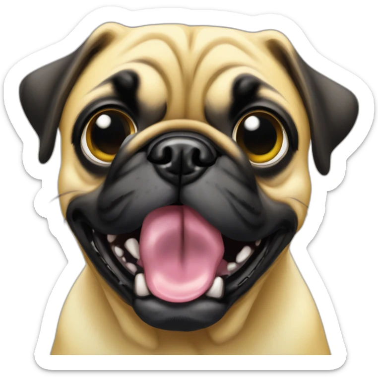 yellow cartonish pug dog with two big and black eyes with a white shine and some little teths out of this mouth sticker