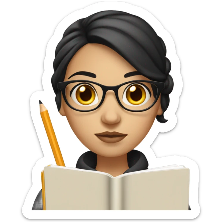 An caucasian woman with Black hair with a bun in the top of her head, she has glasses, she is writing a note on her notebook, we can see her pencil while writing sticker