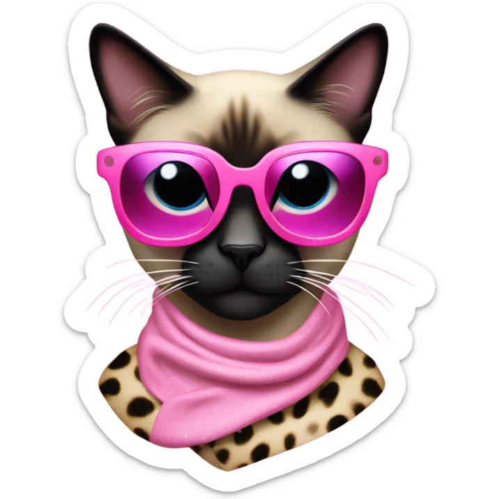 Siamese cat, wearing a leopard print scarf and futuristic pink glitter sunglasses sticker