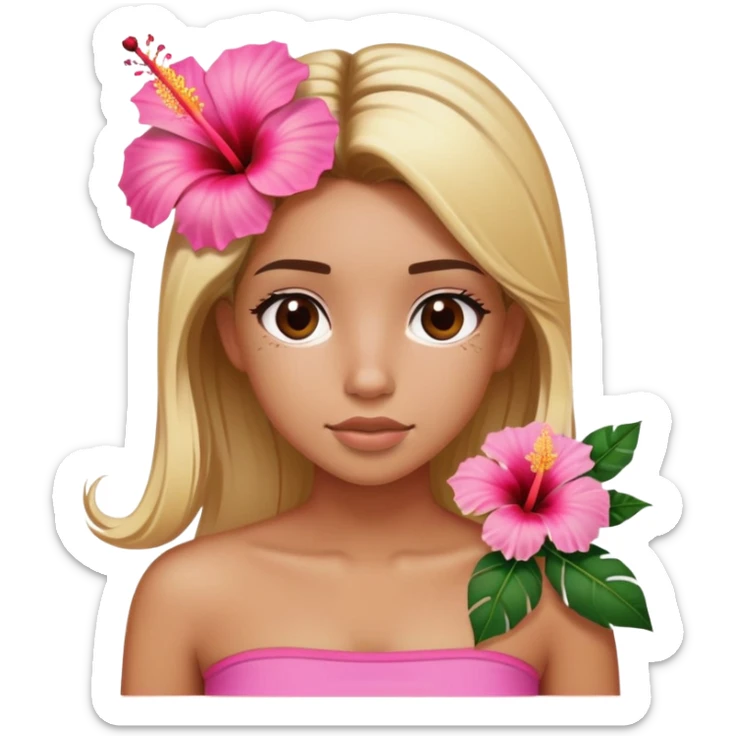 tan girl with blonde hair and brown highlight streaks with a hibiscus flower in her hair wearing a pink tube top with tan lines showing sticker