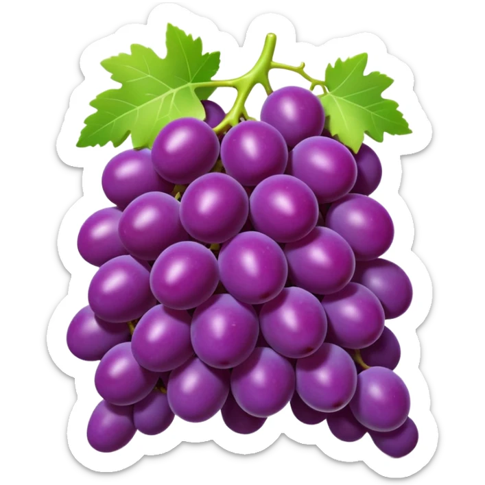 3D iPhone style emoji of a bunch of grapes, plump and shiny, purple color, attached to a small green stem, isolated on white background, soft shadows, high detail, playful and cute. sticker