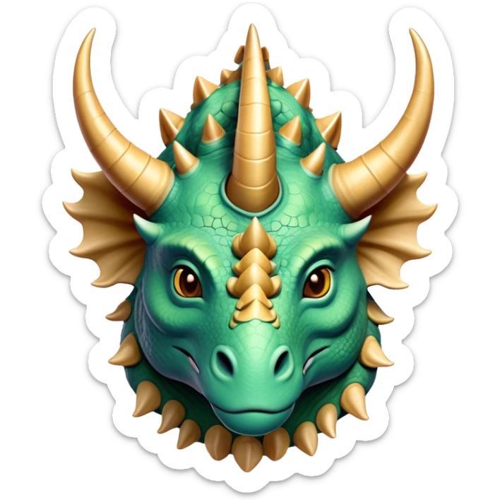 Cinematic Noble Triceratops Portrait Emoji, Poised and formidable, with a robust, stocky build adorned by three prominent horns and a broad, intricately frilled head, exuding ancient strength and wisdom, Simplified yet sharply defined features, highly detailed, glowing with a soft, earthy radiance, high shine, intelligent and stalwart, stylized with an air of prehistoric majesty, focused and resolute, soft glowing outline, capturing the essence of a watchful and confident Triceratops that appears ready to charge out of the screen with effortless power! sticker
