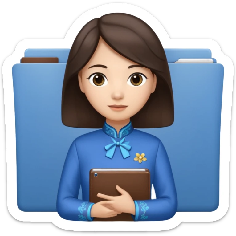 Teacher emoji but : wavy dark brown hair, light skin, no glasses, dark eyes, with a computer folder in the hand, being a teacher, wearing a chinese qipao (brown & blue) 

 sticker