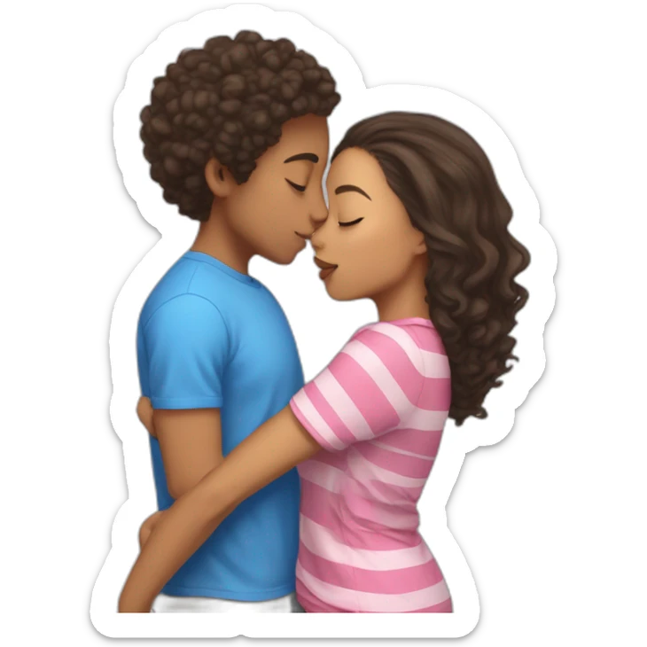 Lightskin boy in blue shirt kissing ia mixed girl with pink shirt and lightskin stripes sticker