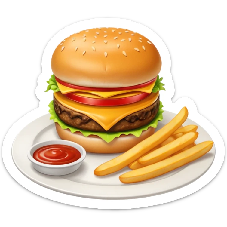 i want a Cheeseburger and Fries with a angle to 15–20° gentle bird’s-eye angle with Sause on white plate  sticker