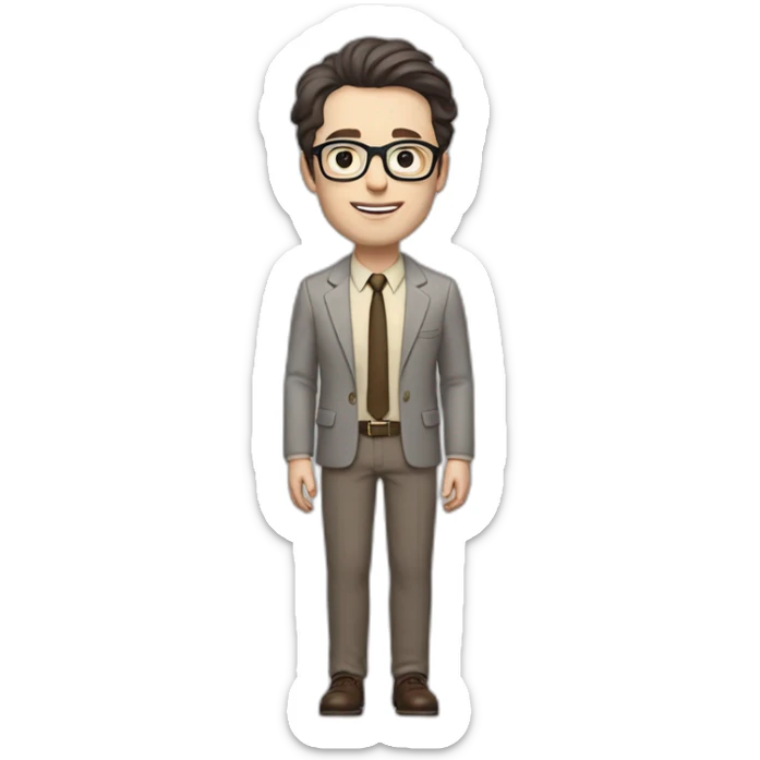 Full height Pale skinned Fit Man With dark brown hair in gray jacket, beige office shirt, tie, Brown pants and vintage glasses. Thrumbs of his palms directed up sticker