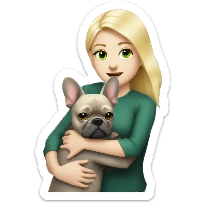 A blonde girl with green eyes with a square hugs a dark gray French bulldog sticker