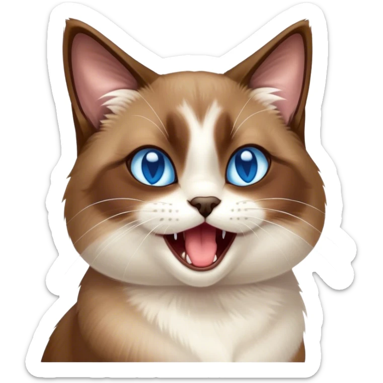 Cinematic Cute Yawning Brown Mantle Snowshoe Cat Portrait Emoji, Head tilted slightly with a dramatic, wide-open yawn, smooth brown fur draping elegantly over its back with contrasting white paws, chest, and facial markings, piercing icy-blue eyes that are barely open, Simplified yet irresistibly adorable features, highly detailed, glowing with a soft, cozy glow, high shine, relaxed yet expressive, stylized with a touch of whimsy, bright and endearing, soft glowing outline, capturing the essence of a sleepy yet affectionate kitty, so drowsy it feels like it could stretch right out of the screen and curl up for a nap! sticker