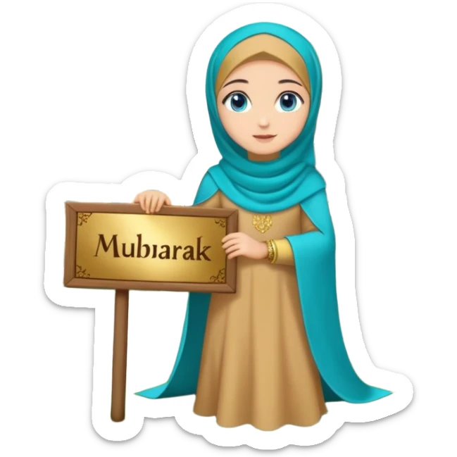 Turkish beautiful finish Konya girl blue eyes with gold hijab and islamic long tailed turquoise dress on the ground at her home garden and had on her hand text Eid Mubarak  sticker