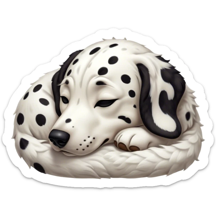 Meme-Worthy Cute Sleeping Spotted Dalmatian Portrait Emoji, Head resting peacefully with a contented smile, showcasing a delightfully majestic build and a luxuriously soft Fur of predominantly white with bold black patches, eyes shut in a serene nap, Simplified yet hilariously adorable features, highly detailed, glowing with a soft, drowsy light, high shine, relaxed and utterly lovable, stylized with an air of playful laziness, bright and heartwarming, soft glowing outline, capturing the essence of a comically sleepy guardian, so meme-worthy it feels like it could instantly become the next viral sensation of adorable slumber! sticker
