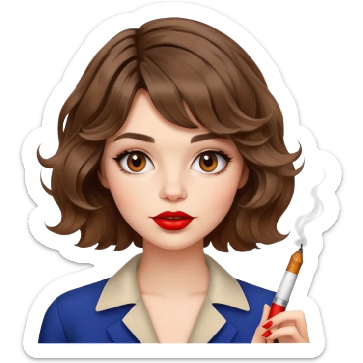 Alluring French girl french shiny brown wavy textured bob haircut tousled hair red lips and cigarette sticker