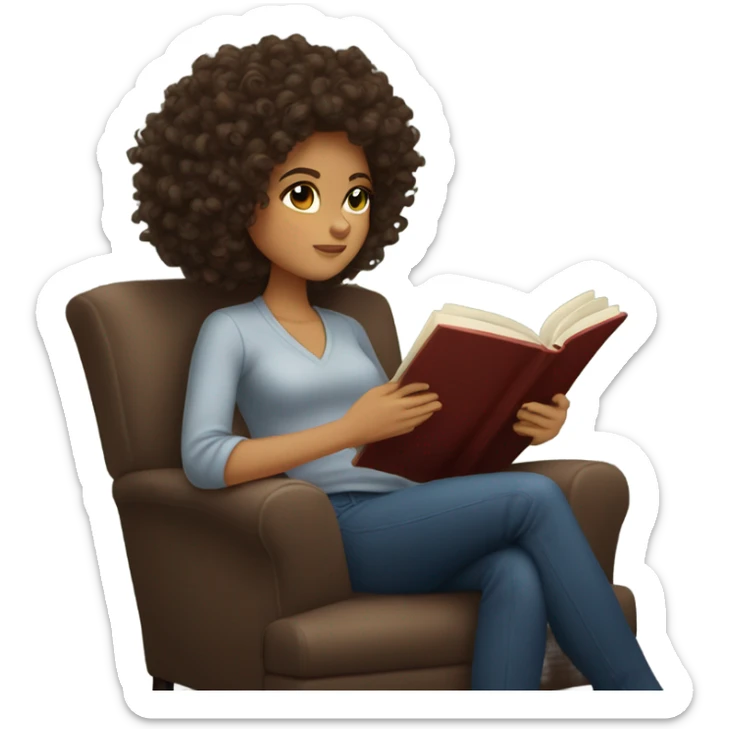 brunette curly hair reading a book in a chair cozy aesthetic sticker