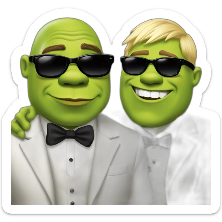 super hot shrek kissing with white-guy-wearing-suit-with-short blonde-hair-and-black-sunglasses sticker