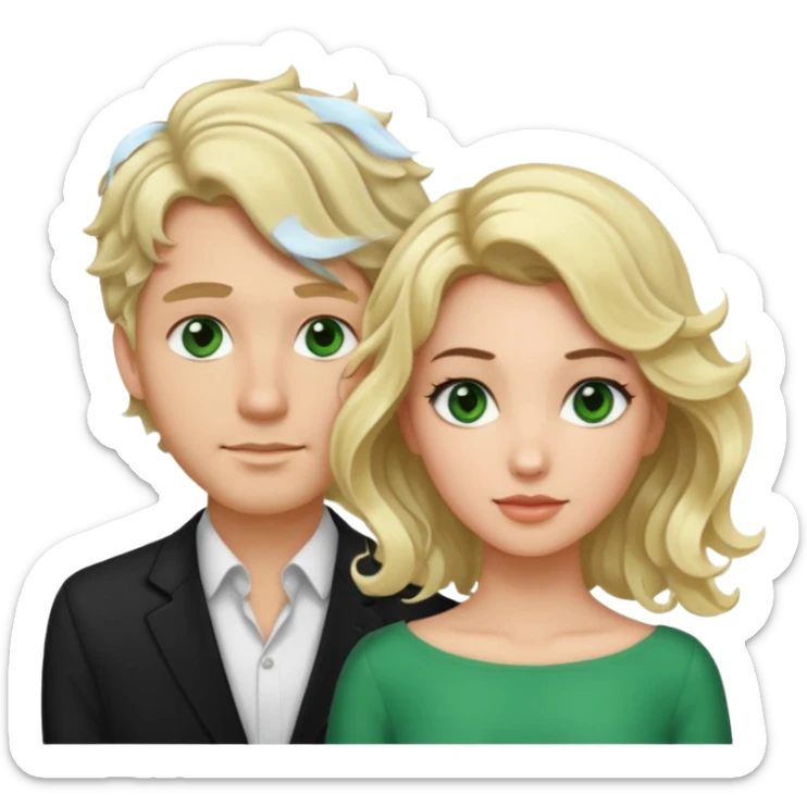 esposos, mujer rubia  y pelo semi tomado ondulado, hombre de pelo negro con un mechon blanco ondulado, atractivo de ojos verdes sticker